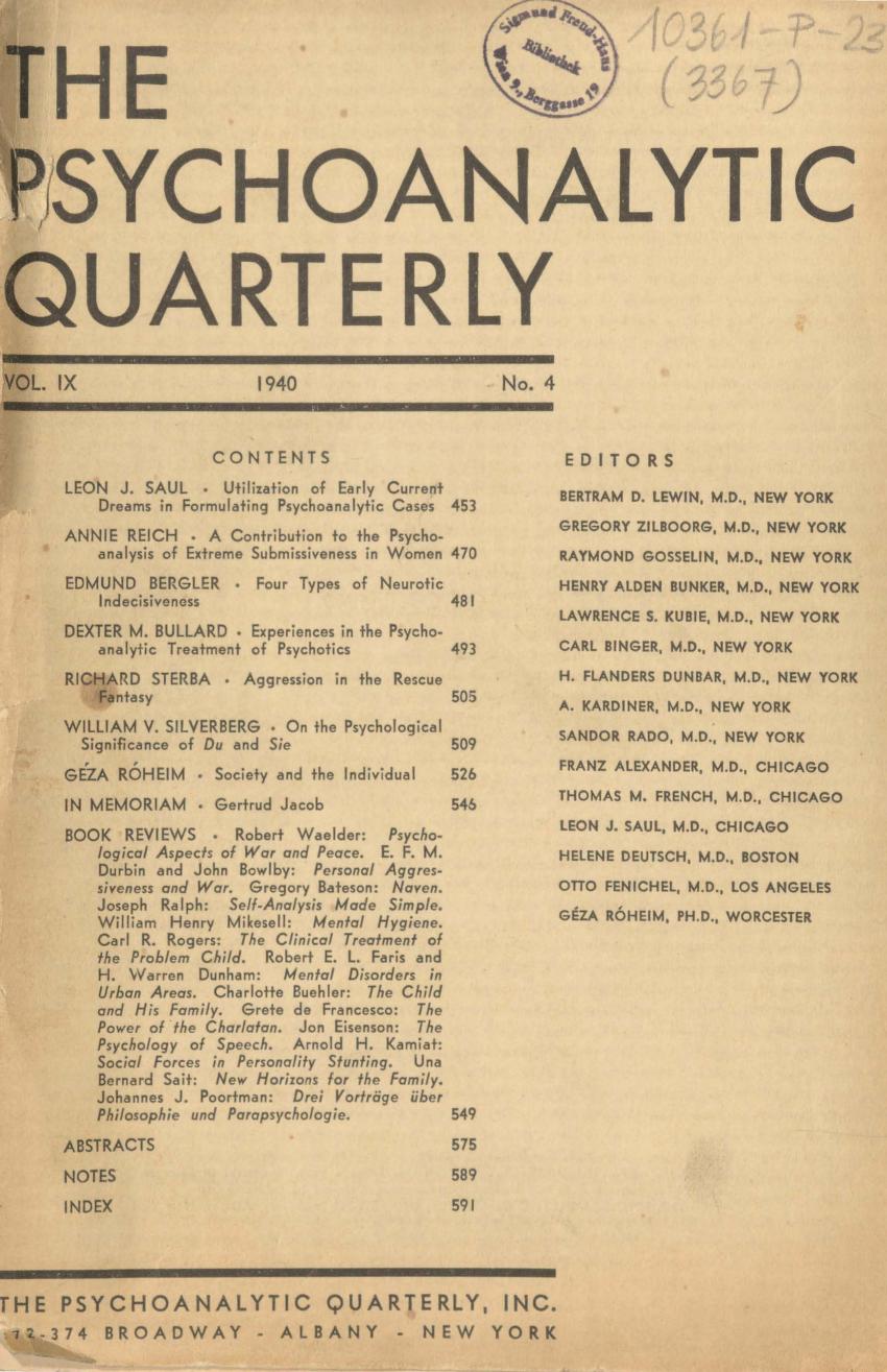 The Psychoanalytic Quarterly Vol. IX January 1940 No. 4 : Lewin 